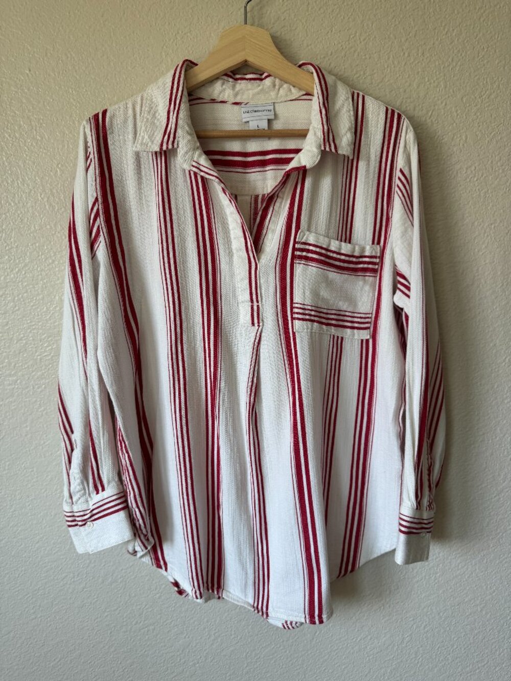 Liz Claiborne Popover Top Classic Stripped Relaxed Beachy Coastal Preppy Comfy
